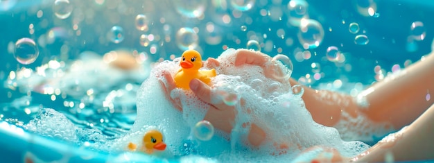 Un enfant se baigne dans un bain à bulles avec un canard Focus sélectif