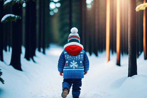 Un enfant se promène dans la forêt d'épicéa enneigée Un petit garçon s'amuse à l'extérieur dans la nature hivernale