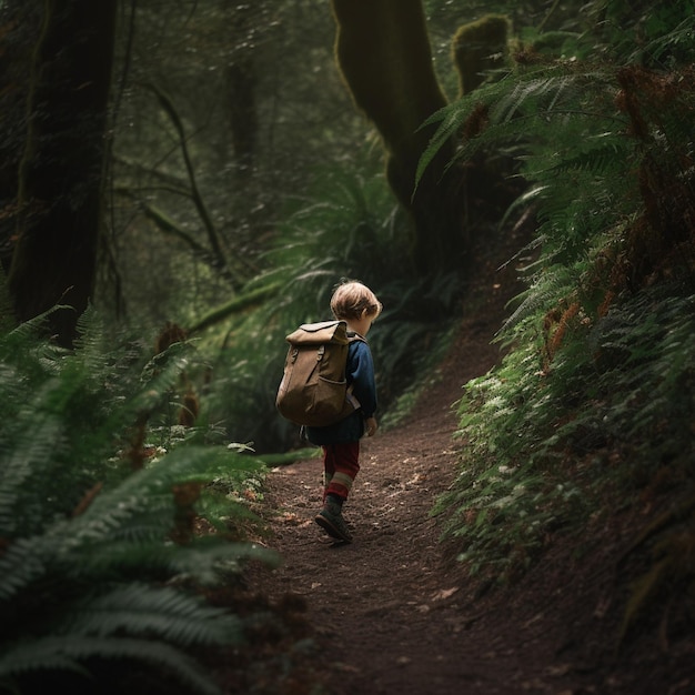 Un enfant se promène dans une forêt avec un sac à dos sur le dos.