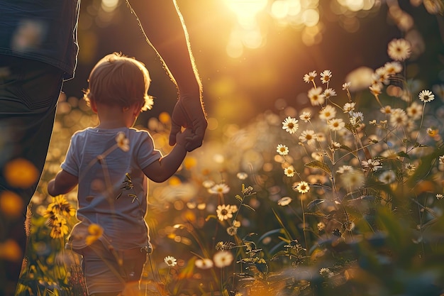 L'enfant se promène avec son père à travers la forêt d'été