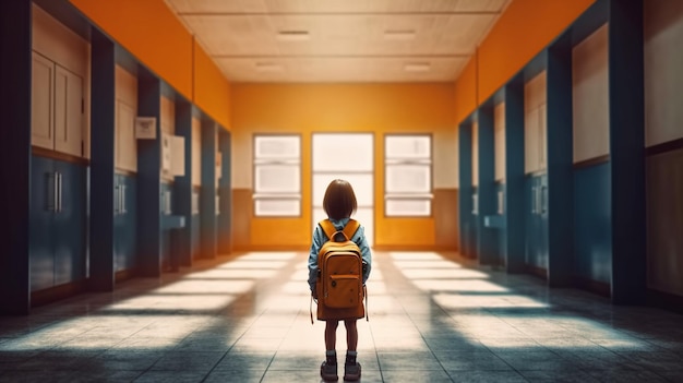 Un enfant se tient dans un couloir avec un sac à dos qui dit "pas d'école" dessus.