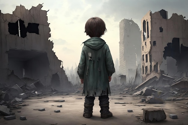 Un enfant se tient dans une ville détruite par les hostilités ai générative