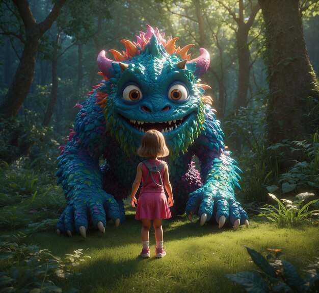 un enfant se tient devant un dragon avec une fille en robe rose