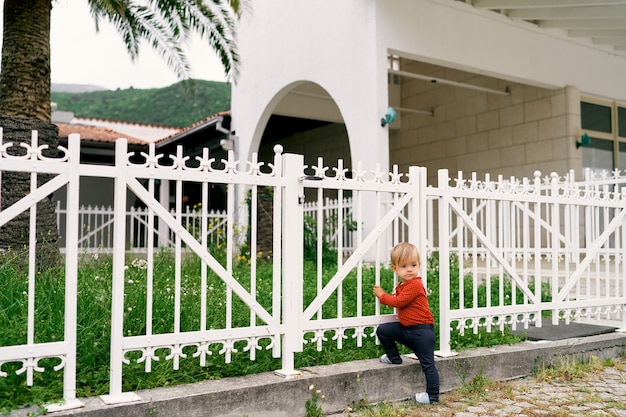 L'enfant se tient près d'une clôture en treillis blanc devant une cour de maison