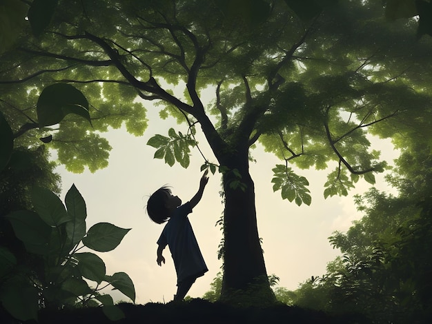 un enfant se tient sous un arbre avec un fond de ciel