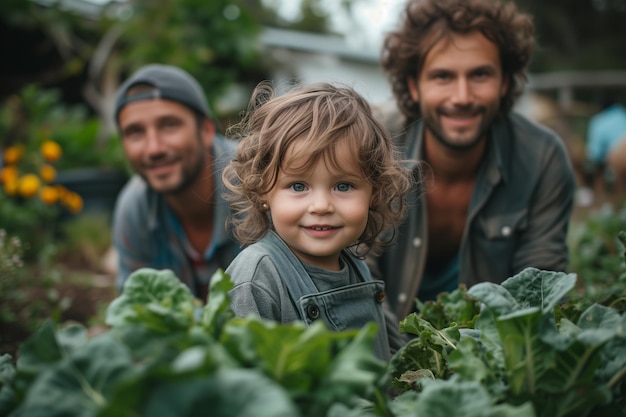 Une enfant avec ses deux pères LGBT au milieu de leur jardin luxuriant en train de cueillir des légumes