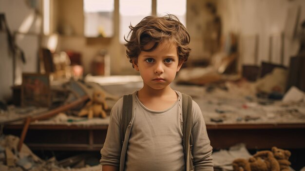 Photo un enfant solennel se tient dans les restes d'une pièce symbolisant l'innocence volée de waraffected