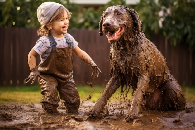 un enfant et son chien couverts de boue de la tête aux pieds après une aventure ludique dans le jardin génératif d'IA