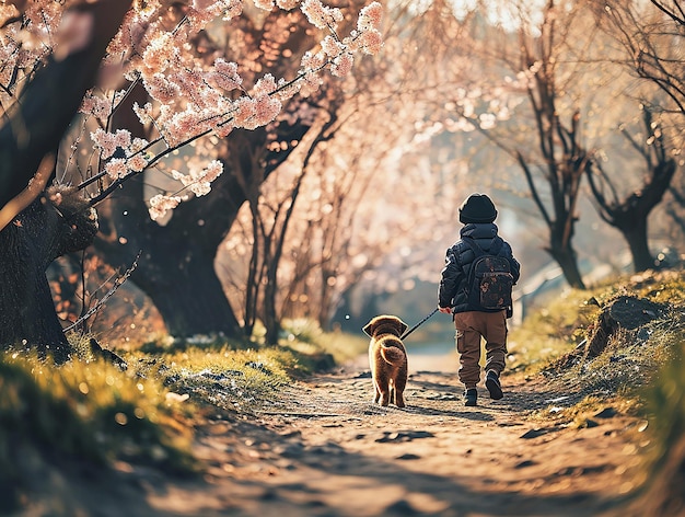 Un enfant et son chien vus de derrière au milieu d'un chemin de printemps amitié du chien et du chien