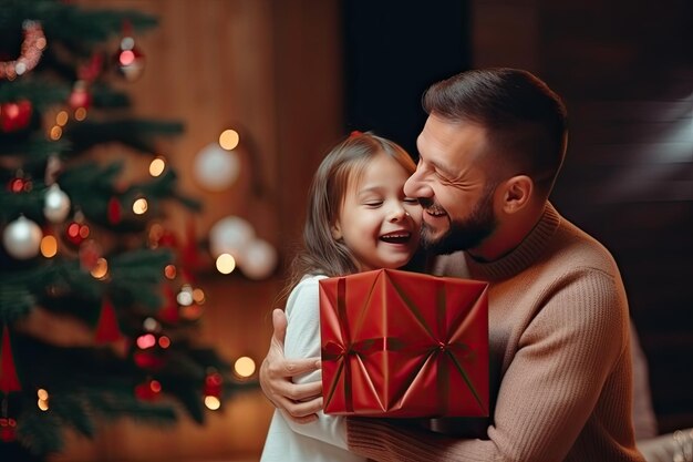 L'enfant et son père tiennent une grande boîte à cadeaux sur le fond d'un arbre de Noël surprise du Nouvel An