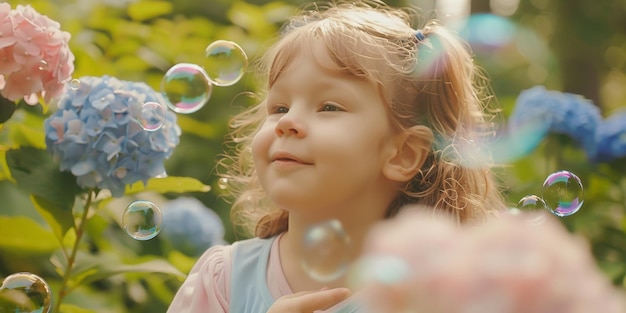 Photo enfant soufflant des bulles de savon dans la nature ia générative