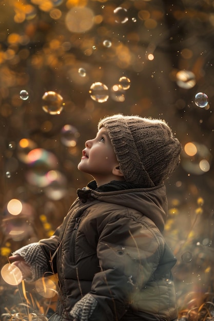 enfant soufflant des bulles de savon dans la nature IA générative