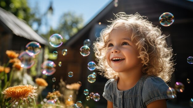 Un enfant souffle des bulles dans le jardin par une journée ensoleillée