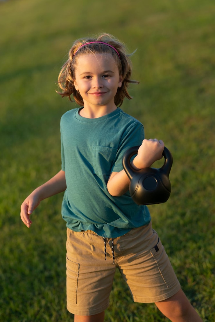 Photo enfant soulevant le kettlebell dans l'arrière-cour dehors enfant garçon pompant les muscles du biceps avec kettlebell enfants de fitness avec des haltères