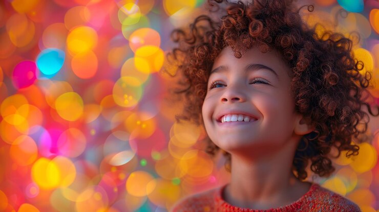 Photo enfant souriant avec un arrière-plan bokeh coloré ai générative