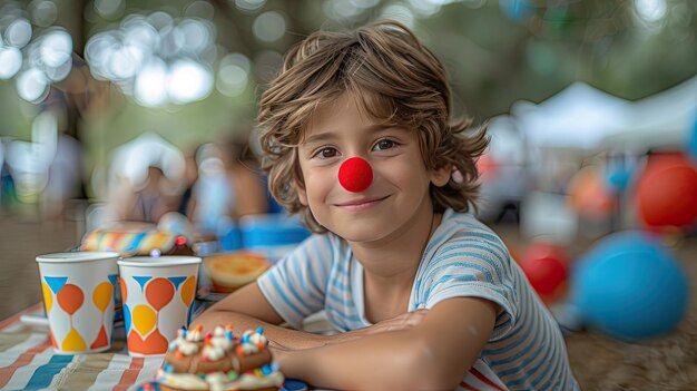 Photo un enfant souriant au nez rouge qui profite d'une fête d'anniversaire en plein air