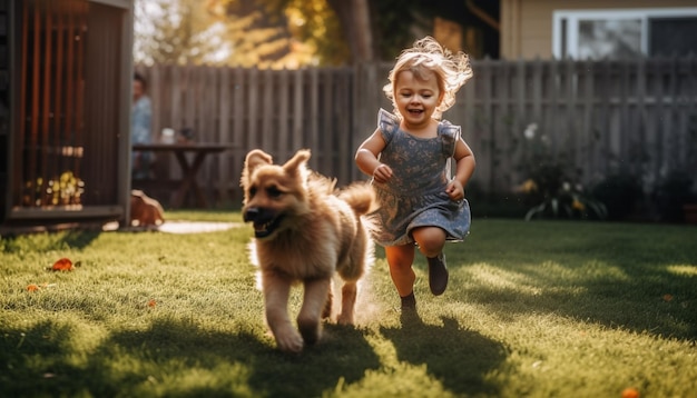 Un enfant souriant et un chiot enjoué profitent de l'extérieur généré par l'IA