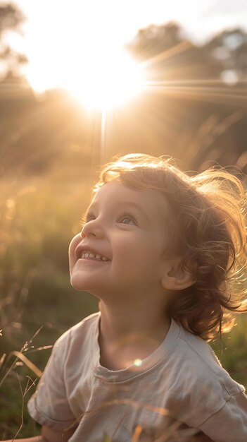 Un enfant souriant joyeusement dans un champ ensoleillé rayonnant de bonheur Idéal pour la photographie de famille