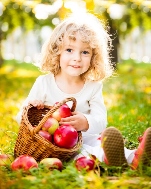 Enfant souriant avec panier de pommes rouges assis sur des feuilles jaunes dans le parc d'automne