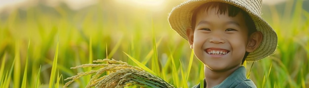 Un enfant souriant portant un chapeau et tenant un tas de plantes de riz dans un soleil