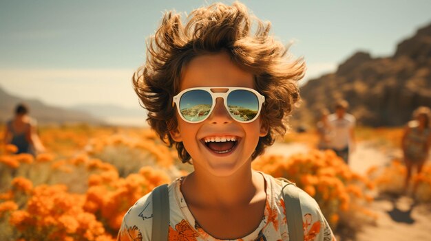 Un enfant souriant portant des lunettes de soleil profite d'une aventure estivale