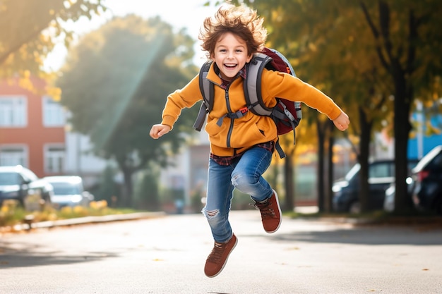 Un enfant souriant qui va à l'école le premier jour après les vacances