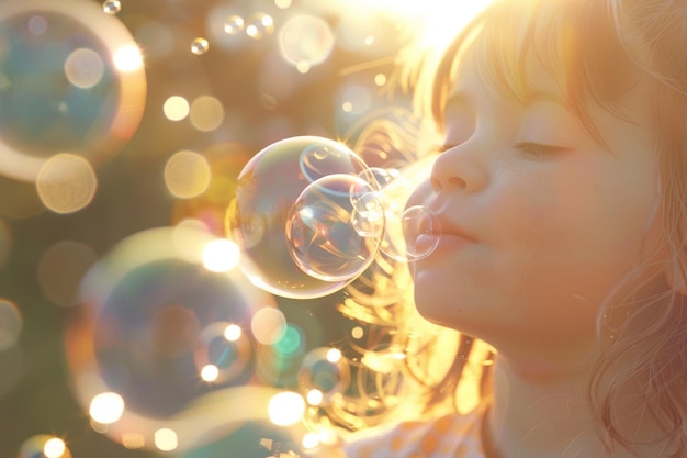Photo un enfant souriant soufflant des bulles au soleil
