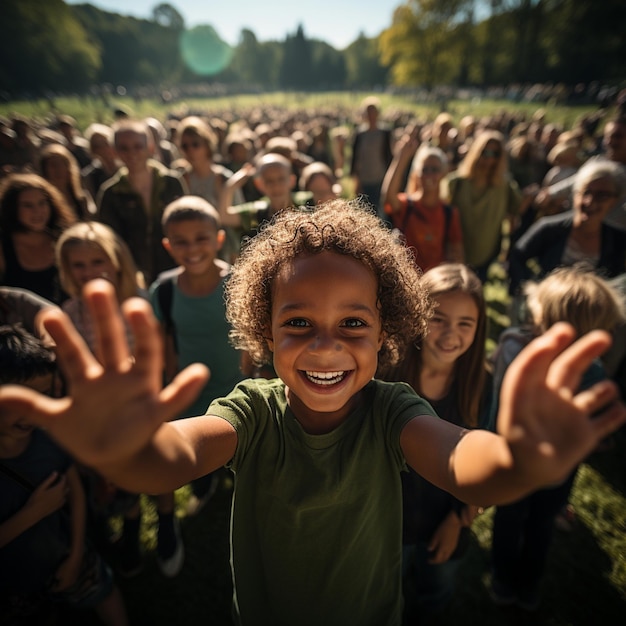 Un enfant avec un sourire qui dit heureux sur le dessus