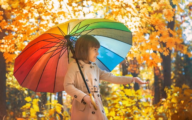 Enfant sous un parapluie dans le parc en automne. Mise au point sélective.