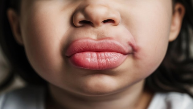 Photo l'enfant a une stomatite sur la lèvre focale sélective