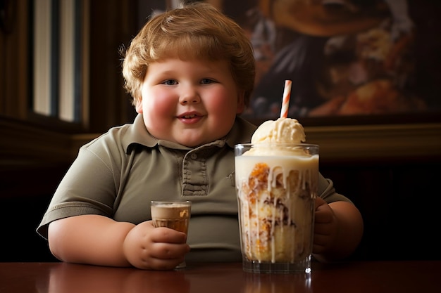 Enfant en surpoids saisissant un dessert de boisson glacée AI