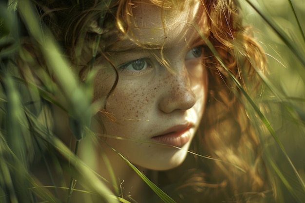 Une enfant avec des taches de rousseur sur le visage regarde au loin capturant un moment de pure innocence et d'émerveillement