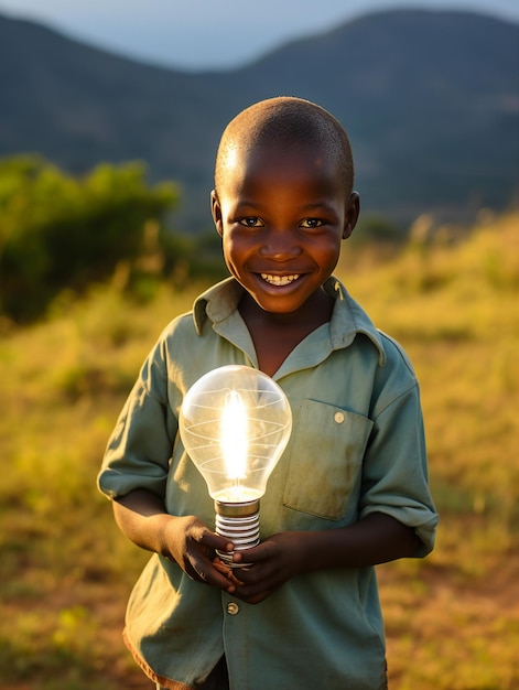 Photo un enfant tenant une ampoule écologique