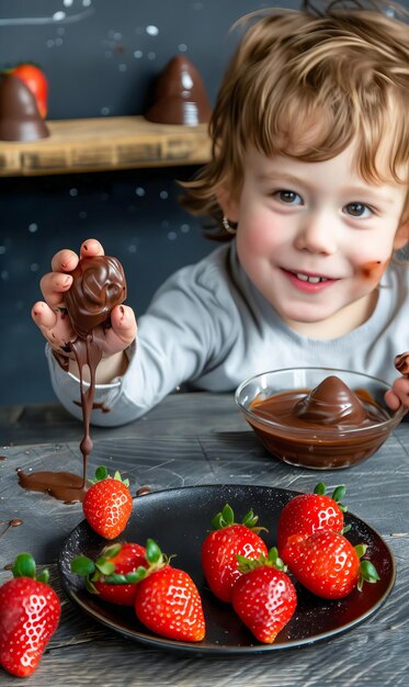 Photo un enfant tenant une assiette de fraises avec du chocolat dessus