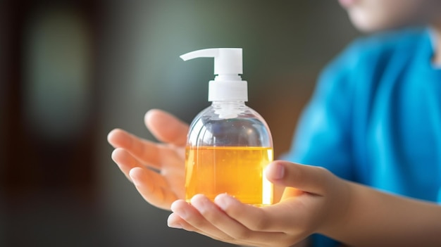 Un enfant tenant une bouteille de désinfectant pour les mains.