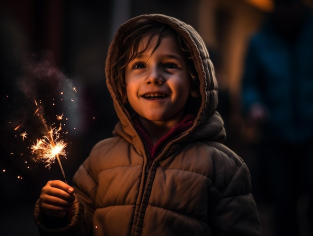 Un enfant tenant un feu d'artifice