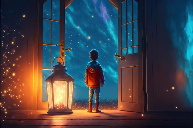 Enfant tenant une lanterne et regardant la fenêtre dimensionnelle des étoiles Enfant tenant une lanterne avec lumière près de la fenêtre illustration de style d'art numérique peinture