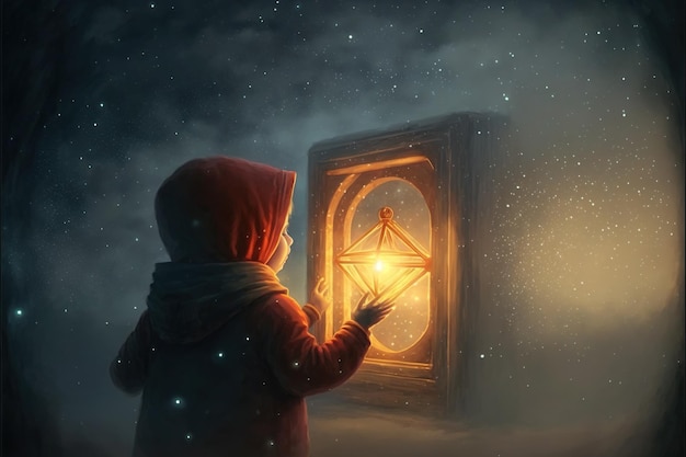 Enfant tenant une lanterne et regardant la fenêtre dimensionnelle des étoiles Enfant tenant une lanterne avec lumière près de la fenêtre illustration de style d'art numérique peinture