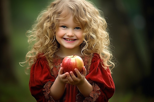 Un enfant tenant une pomme sucrée avec un grand sourire sur le visage