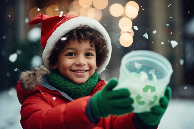 Photo enfant tenant le symbole de recyclage en hiver