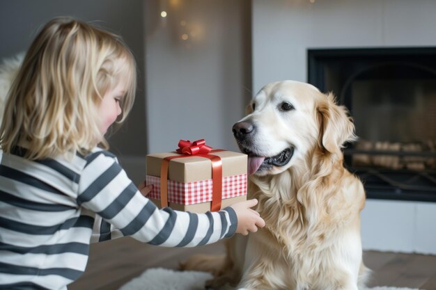 Un enfant tend une boîte-cadeau à un golden retriever assis