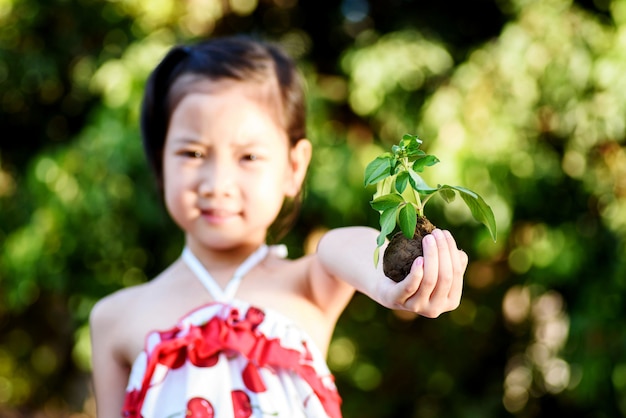 Enfant, tenue, plante, semis