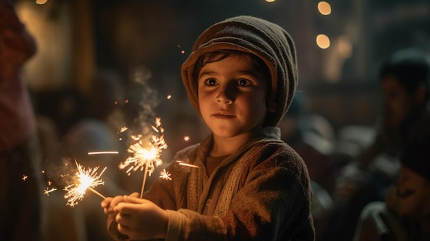 Un enfant tient des cierges magiques devant un fond sombre.