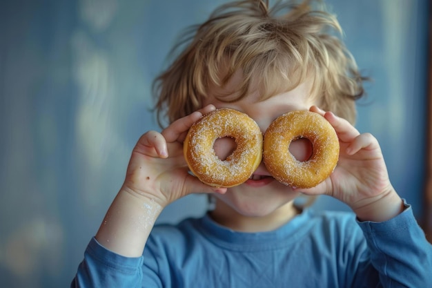 Un enfant tient deux beignets et les protège sur ses yeux.