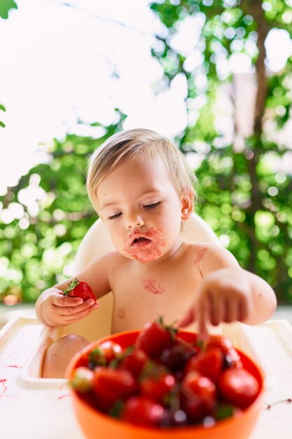 L'enfant tient une fraise dans une main et prend l'autre dans un bol de fruits