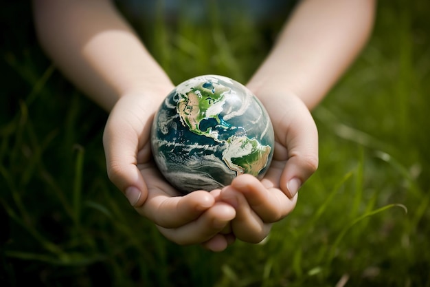 Un enfant tient un globe dans ses mains.