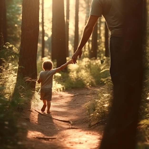 Un enfant tient la main de son père alors qu'ils traversent une forêt.