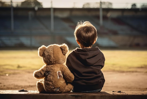 un enfant tient un ours en peluche sur un banc tout en regardant un match de football dans le style brut