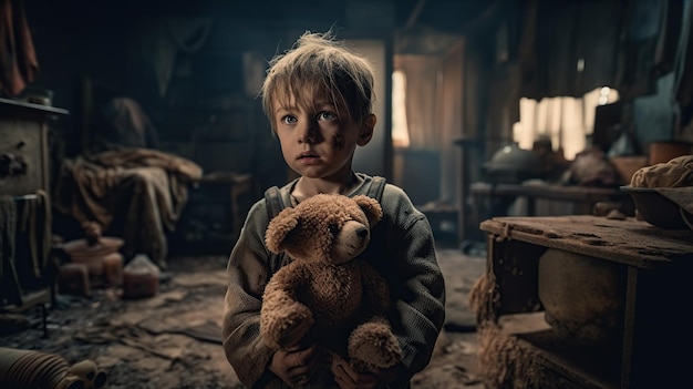 Un enfant tient un ours en peluche dans une pièce avec un fond sombre.