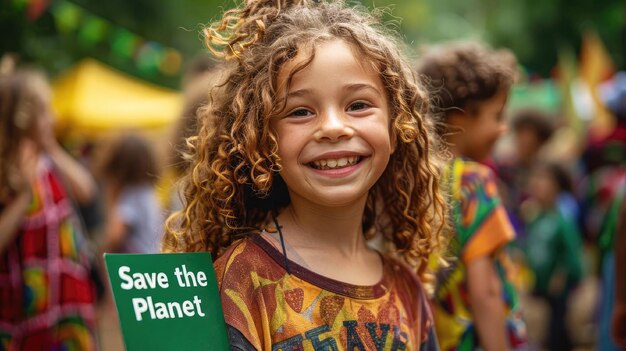 Un enfant tient un panneau Save Planet lors d'une manifestation dans un parc